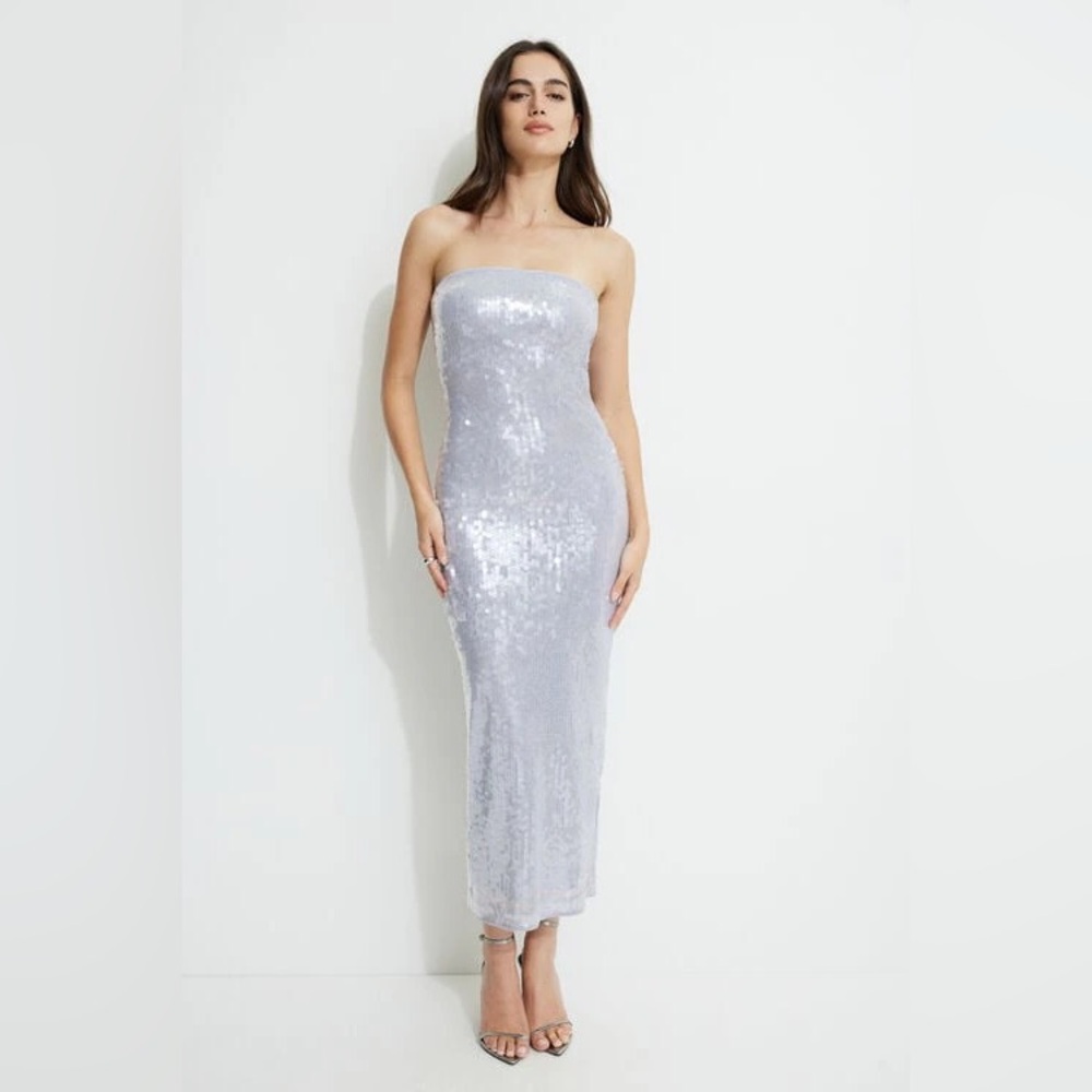 Dynamite Silver Sequin Strapless Midi Dress